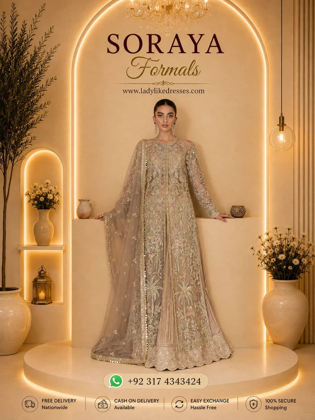 Soraya Dahlia Hand Embellished Net Bridal Maxi – Model Front View Soraya Dahlia Hand Embellished Net Bridal Maxi - Model Front Look | Pakistani Designer Replica Wholesale | IQNAZ