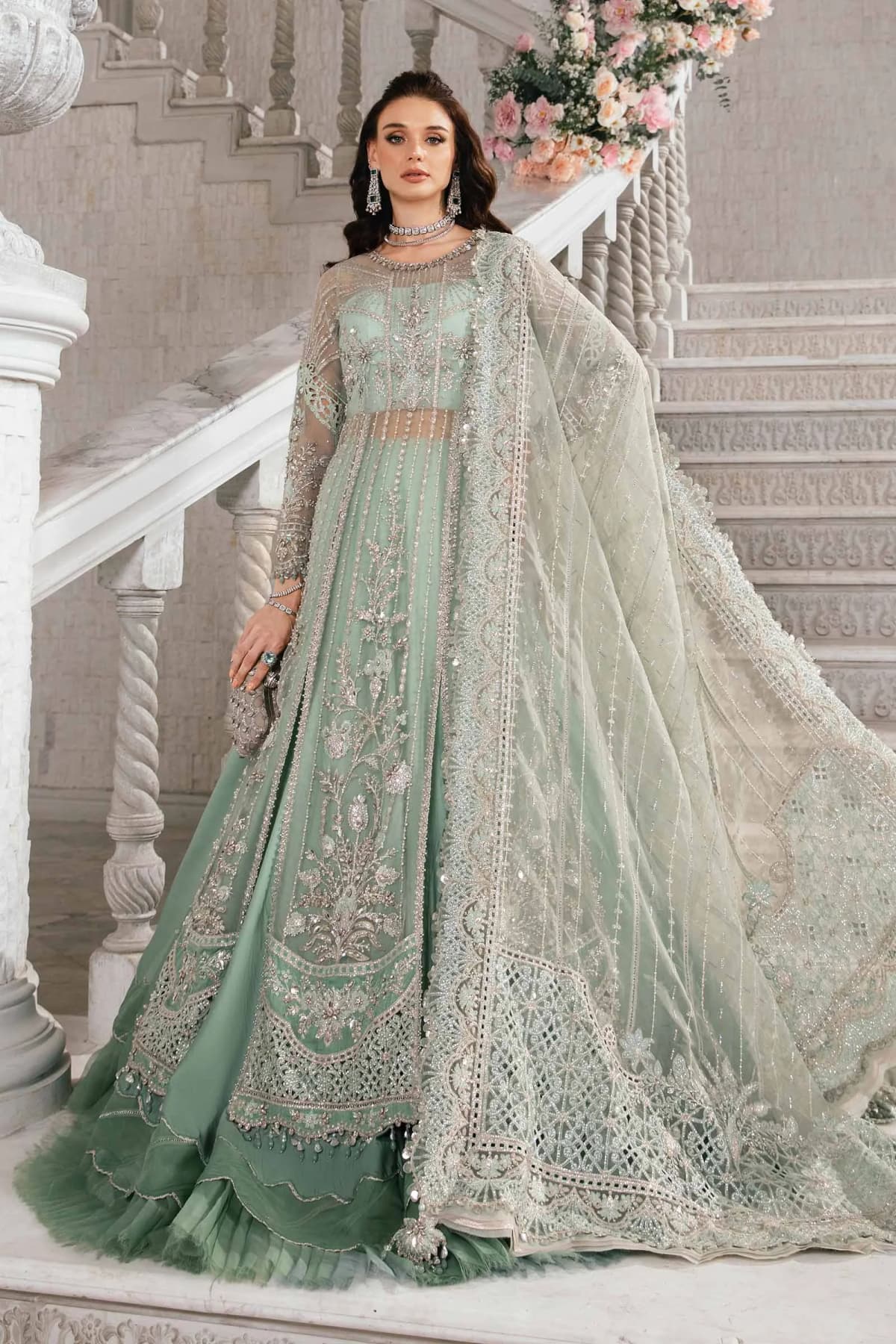 Maria B BD-2803 Hand Embellished Organza Suit with Skirt – Model Front View Maria B BD-2803 Hand Embellished Organza Suit with Skirt - Model Front Look | Pakistani Designer Replica Wholesale | IQNAZ