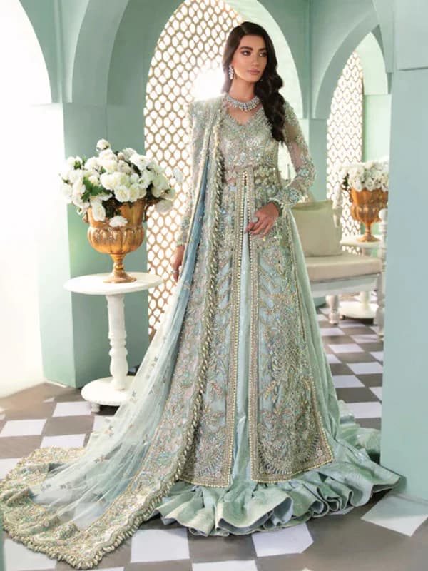Republic Womens Wear Zona Sage Hand Embellished Net Bridal Maxi – Model Front View Republic Womens Wear Zona Sage Hand Embellished Net Bridal Maxi - Model Front Look | Pakistani Designer Replica Wholesale | IQNAZ