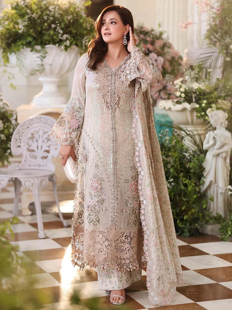 Maria B Best Price Embroidered Chiffon Party Wear Suit – Model Front View Maria B Best Price Embroidered Chiffon Party Wear Suit - Model Front Look | Pakistani Designer Replica Wholesale | IQNAZ