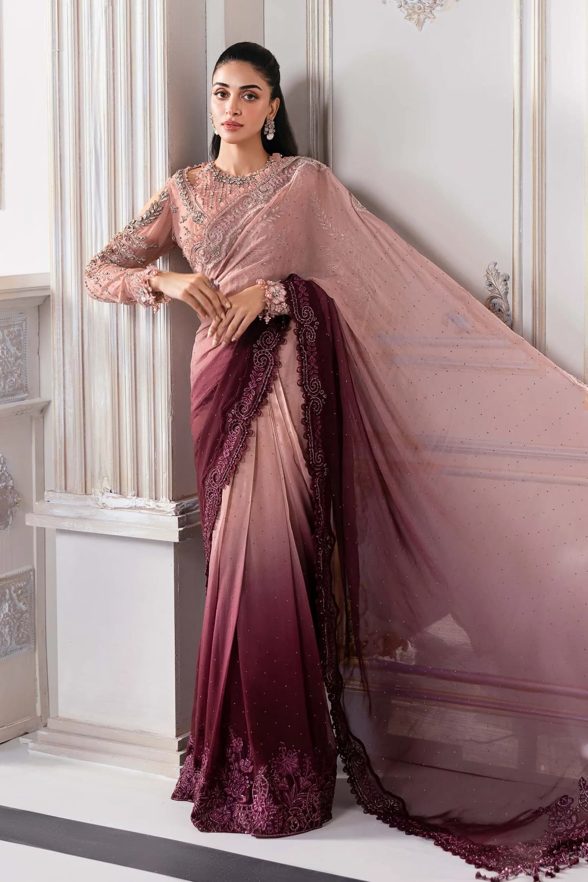 Maria B BD-3001 Embroidered Chiffon Saree – Model Front View Maria B BD-3001 Embroidered Chiffon Saree - Model Front Look | Pakistani Designer Replica Wholesale | IQNAZ