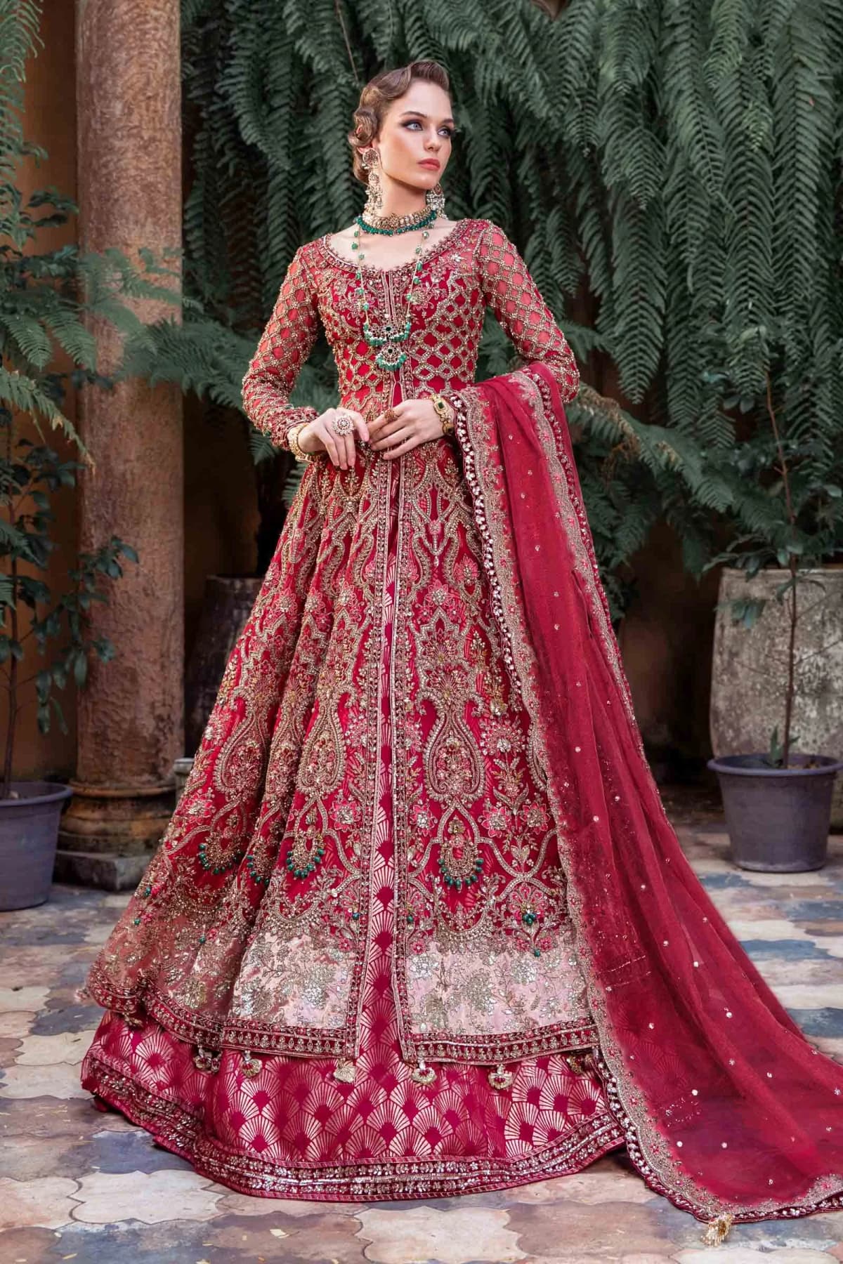 Maria B Navera Hand Embellished Organza Bridal Lehenga – Model Front View Maria B Navera Hand Embellished Organza Bridal Lehenga - Model Front Look | Pakistani Designer Replica Wholesale | IQNAZ