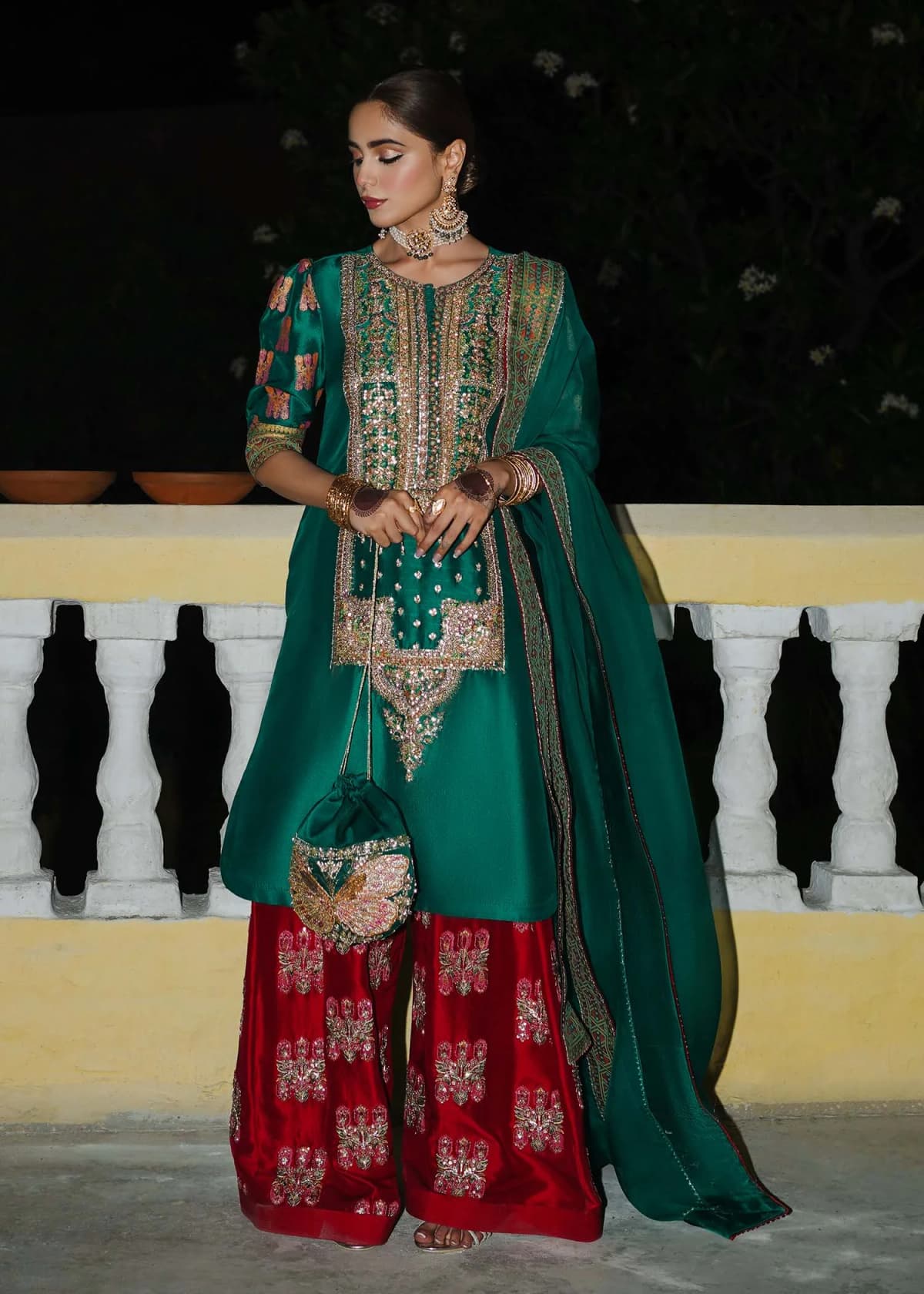 Hussain Rehar Embroidered Organza Party Wear Suit – Model Front View Hussain Rehar Embroidered Organza Party Wear Suit - Model Front Look | Pakistani Designer Replica Wholesale | IQNAZ
