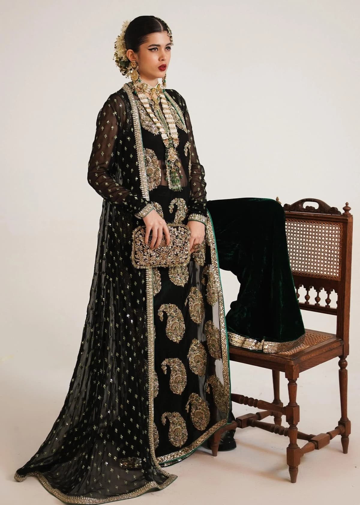 Hussain Rehar Hand Embellished Organza Party Wear Suit – Model Front View Hussain Rehar Hand Embellished Organza Party Wear Suit - Model Front Look | Pakistani Designer Replica Wholesale | IQNAZ