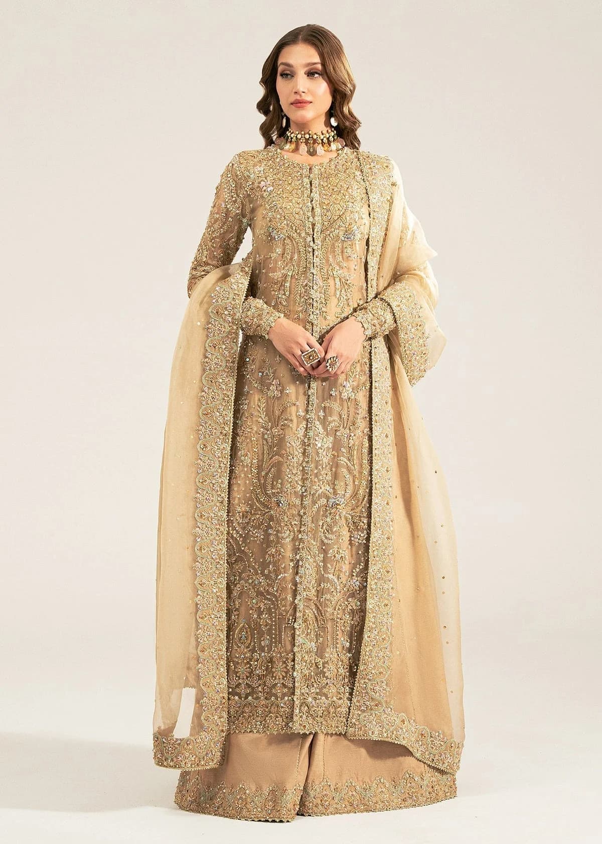 Kanwal Malik Embroidered Organza Party Wear Suit – Model Front View Kanwal Malik Embroidered Organza Party Wear Suit - Model Front Look | Pakistani Designer Replica Wholesale | IQNAZ