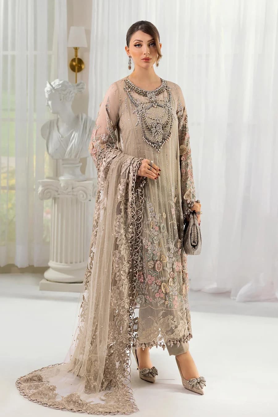 Maria B Embroidered Chiffon Party Wear Suit – Model Front View Maria B Embroidered Chiffon Party Wear Suit - Model Front Look | Pakistani Designer Replica Wholesale | IQNAZ
