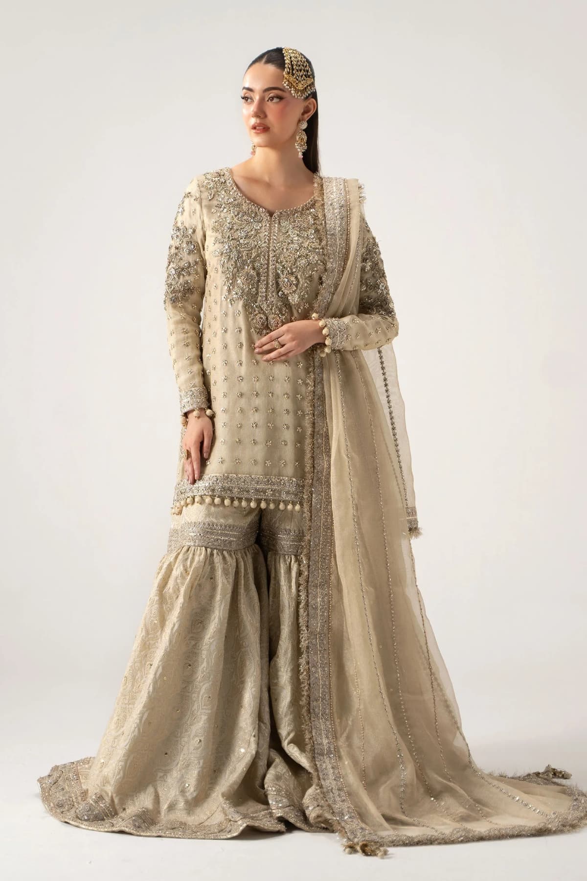 Maria B Hand Embellished Silk Party Wear Suit – Model Front View Maria B Hand Embellished Silk Party Wear Suit - Model Front Look | Pakistani Designer Replica Wholesale | IQNAZ