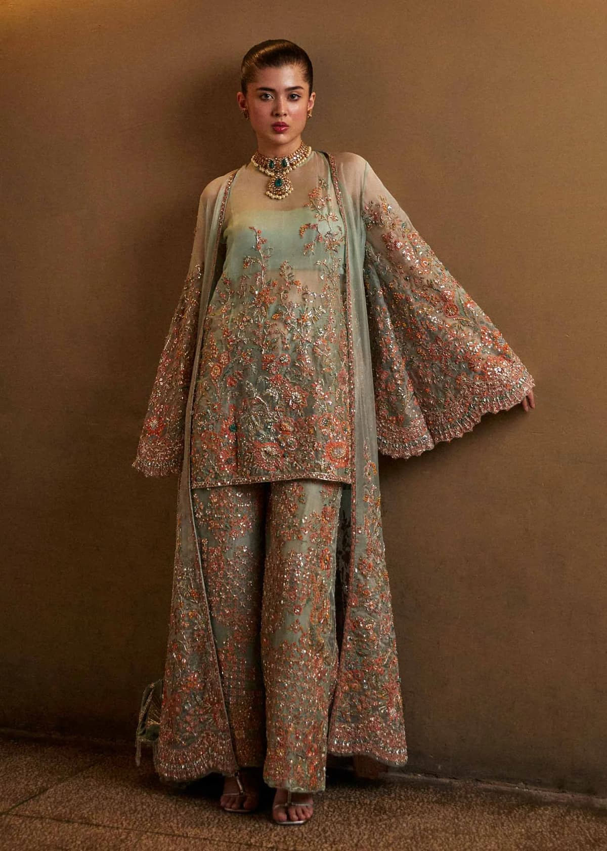 Hussain Rehar Hand Embellished Organza Party Wear Suit – Model Front View Hussain Rehar Hand Embellished Organza Party Wear Suit - Model Front Look | Pakistani Designer Replica Wholesale | IQNAZ