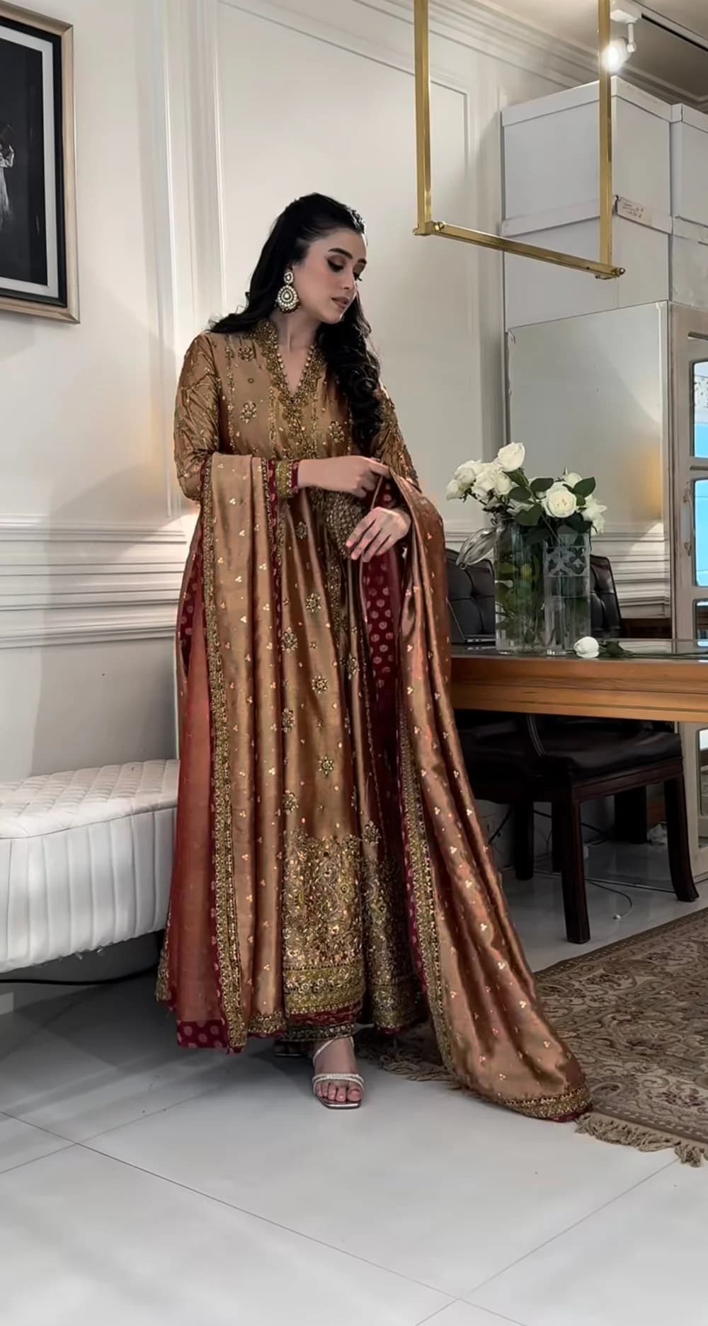 Haris Shakeel Hand Embellished Organza Party Wear Suit – Model Front View Haris Shakeel Hand Embellished Organza Party Wear Suit - Model Front Look | Pakistani Designer Replica Wholesale | IQNAZ