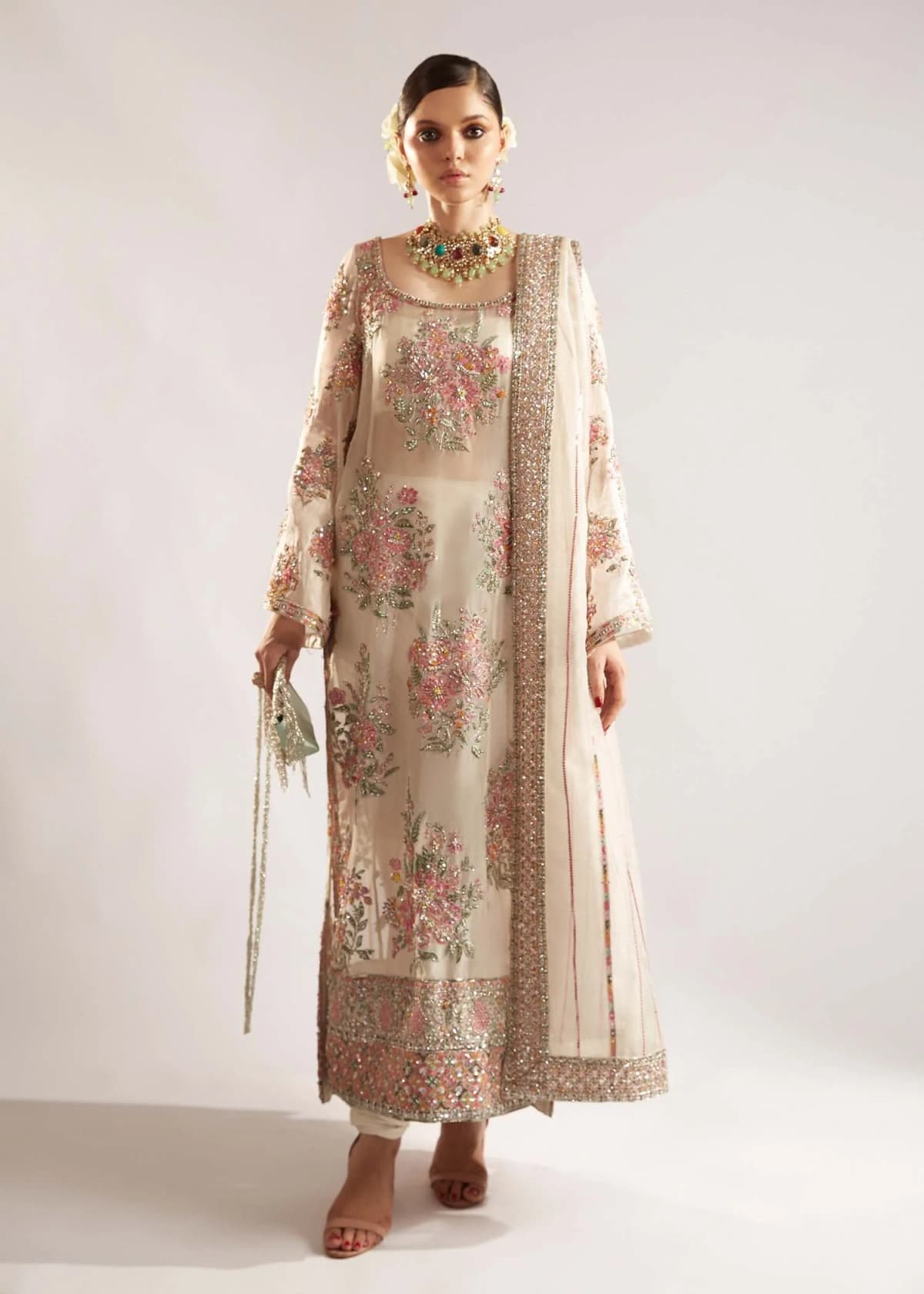 Hussain Rehar Euru Embroidered Organza Party Wear Suit – Model Front View Hussain Rehar Euru Embroidered Organza Party Wear Suit - Model Front Look | Pakistani Designer Replica Wholesale | IQNAZ