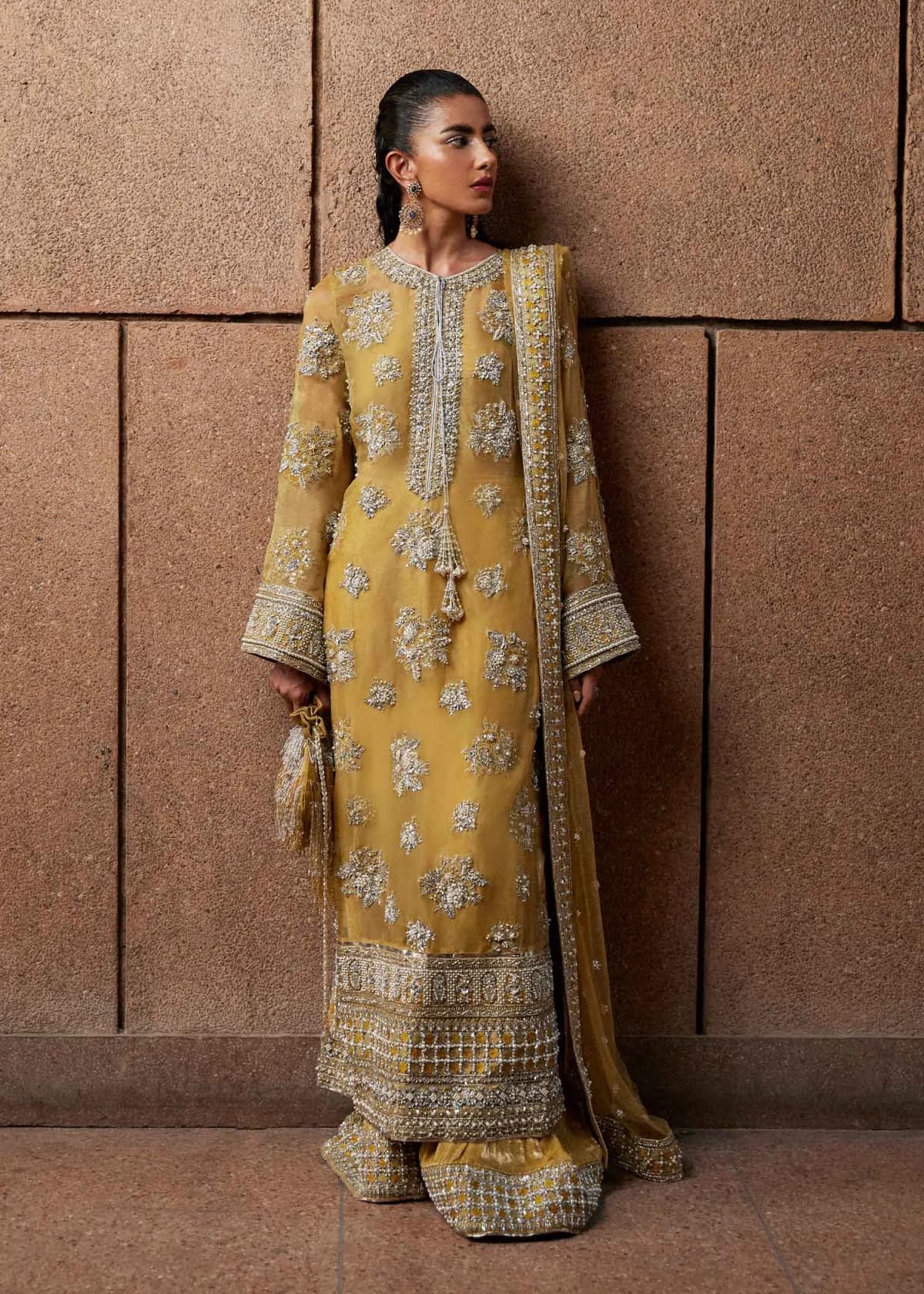 Hussain Rehar Hand Embellished Net Party Wear Suit – Model Front View Hussain Rehar Hand Embellished Net Party Wear Suit - Model Front Look | Pakistani Designer Replica Wholesale | IQNAZ