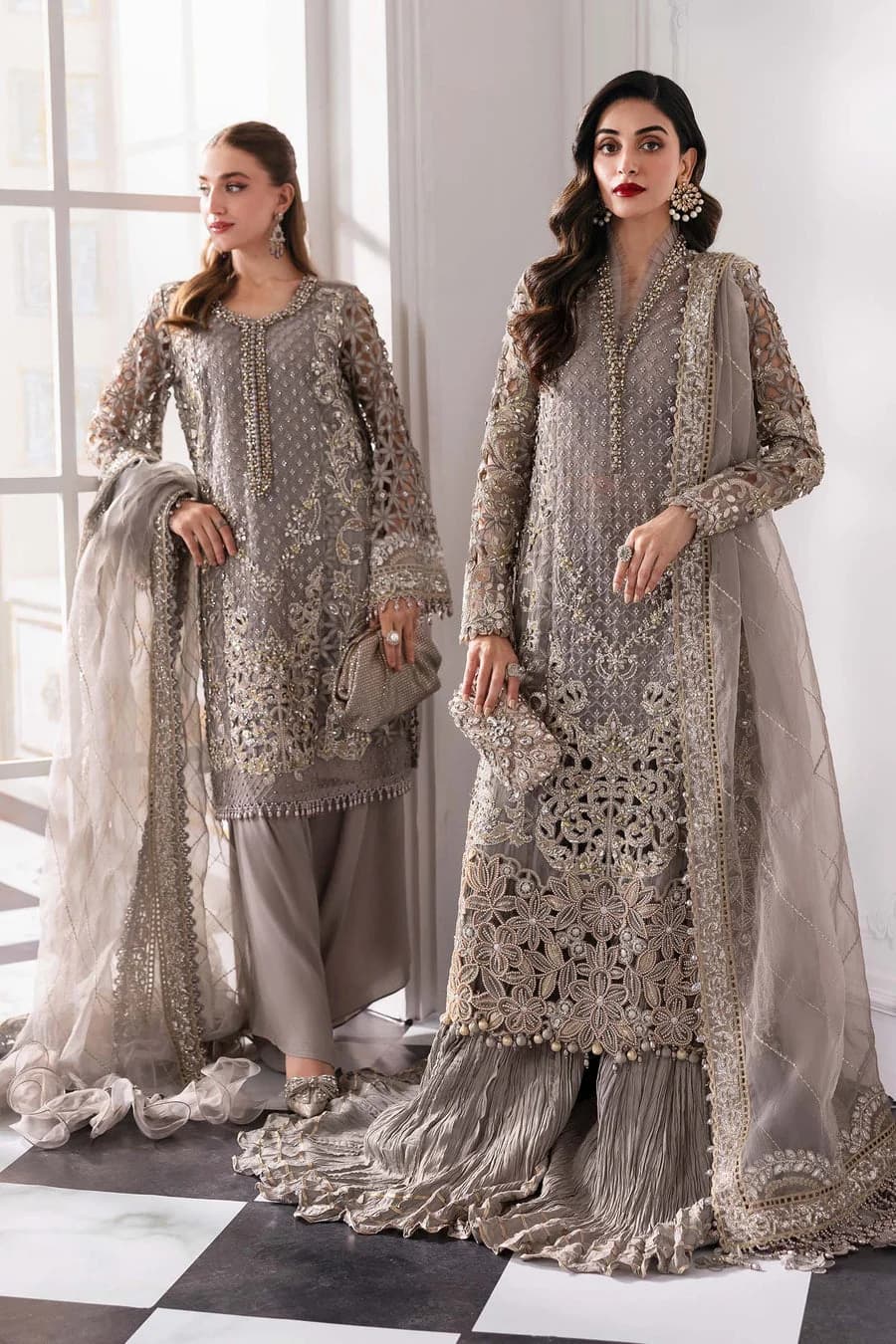 Maria B BD-3006 Hand Embellished Organza Party Wear Suit – Model Front View Maria B BD-3006 Hand Embellished Organza Party Wear Suit - Model Front Look | Pakistani Designer Replica Wholesale | IQNAZ