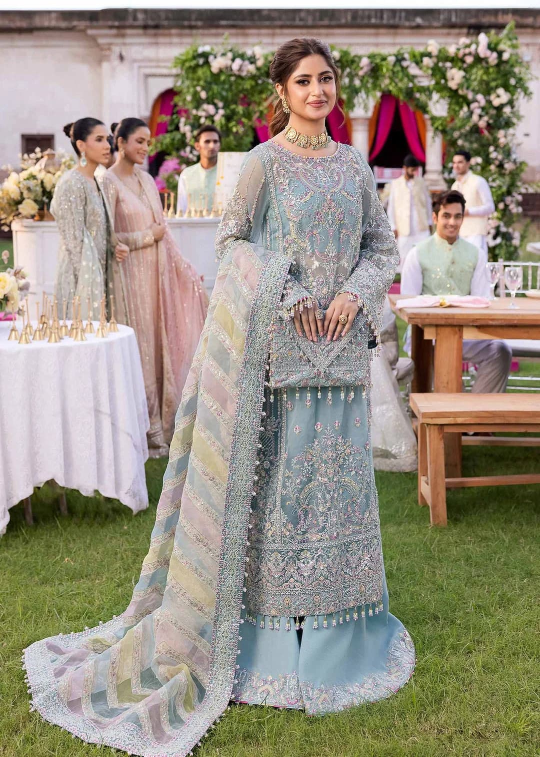 Haris Shakeel Noor Embroidered Organza Party Wear Suit – Model Front View Haris Shakeel Noor Embroidered Organza Party Wear Suit - Model Front Look | Pakistani Designer Replica Wholesale | IQNAZ