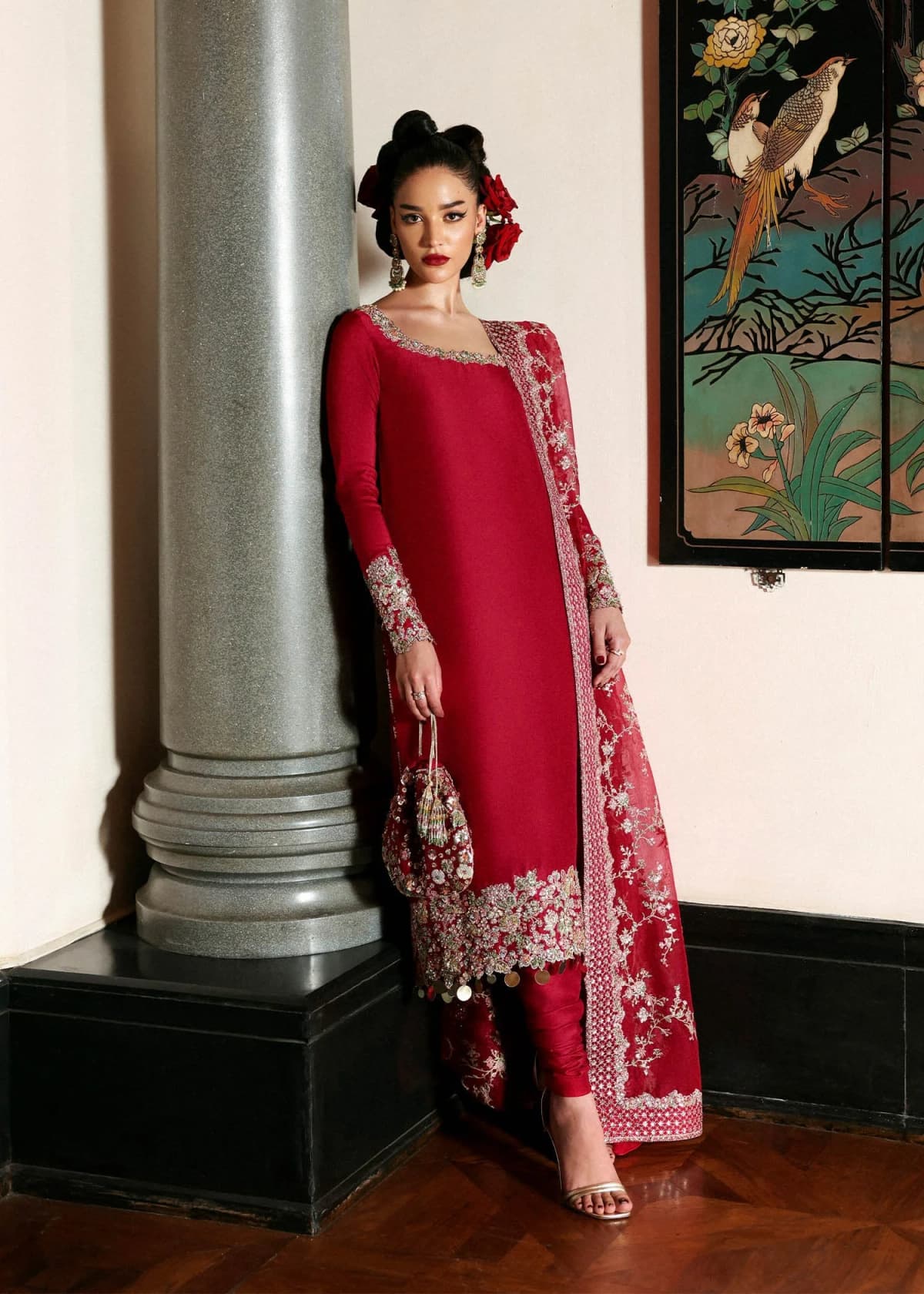 Hussain Rehar Embroidered Organza Party Wear Suit – Model Front View Hussain Rehar Embroidered Organza Party Wear Suit - Model Front Look | Pakistani Designer Replica Wholesale | IQNAZ