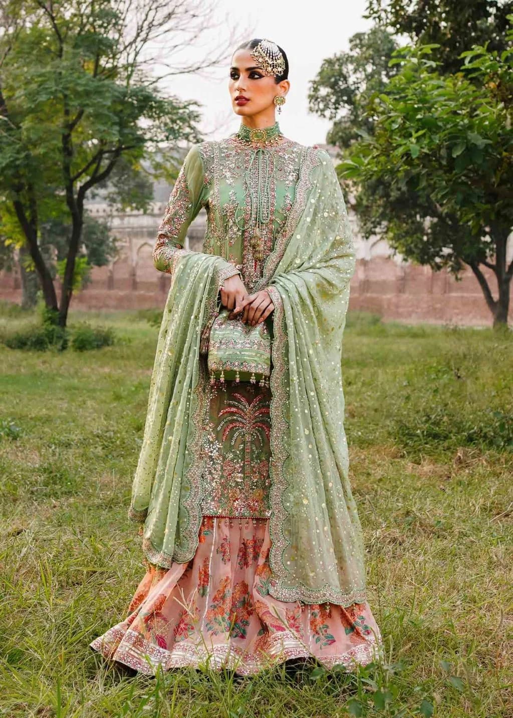 Hussain Rehar Hand Embellished Chiffon Party Wear Suit – Model Front View Hussain Rehar Hand Embellished Chiffon Party Wear Suit - Model Front Look | Pakistani Designer Replica Wholesale | IQNAZ