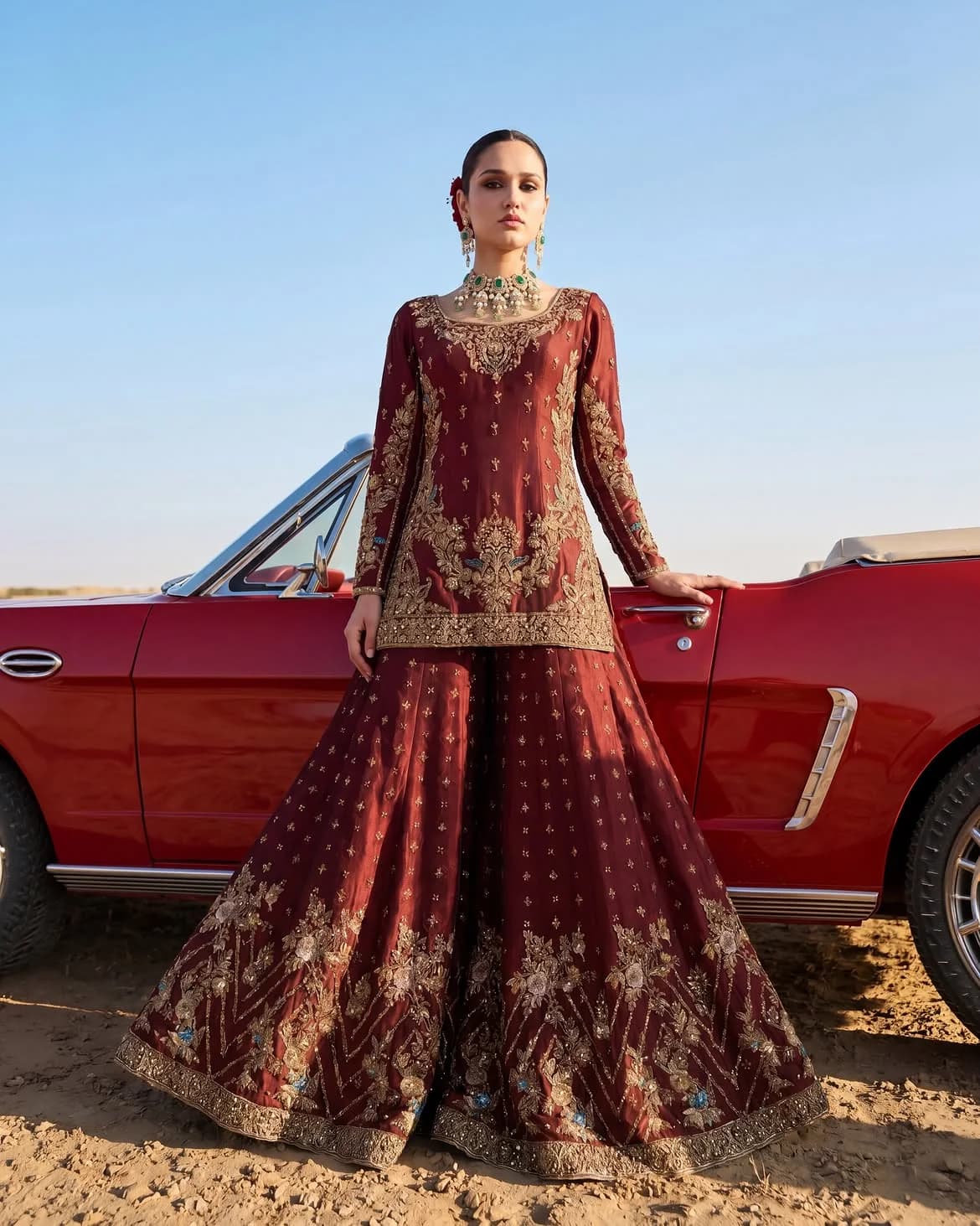 Ahmad Sultan Aethel Hand Embellished Raw Silk Bridal Lehenga – Model Front View Ahmad Sultan Aethel Hand Embellished Raw Silk Bridal Lehenga - Model Front Look | Pakistani Designer Replica Wholesale | IQNAZ