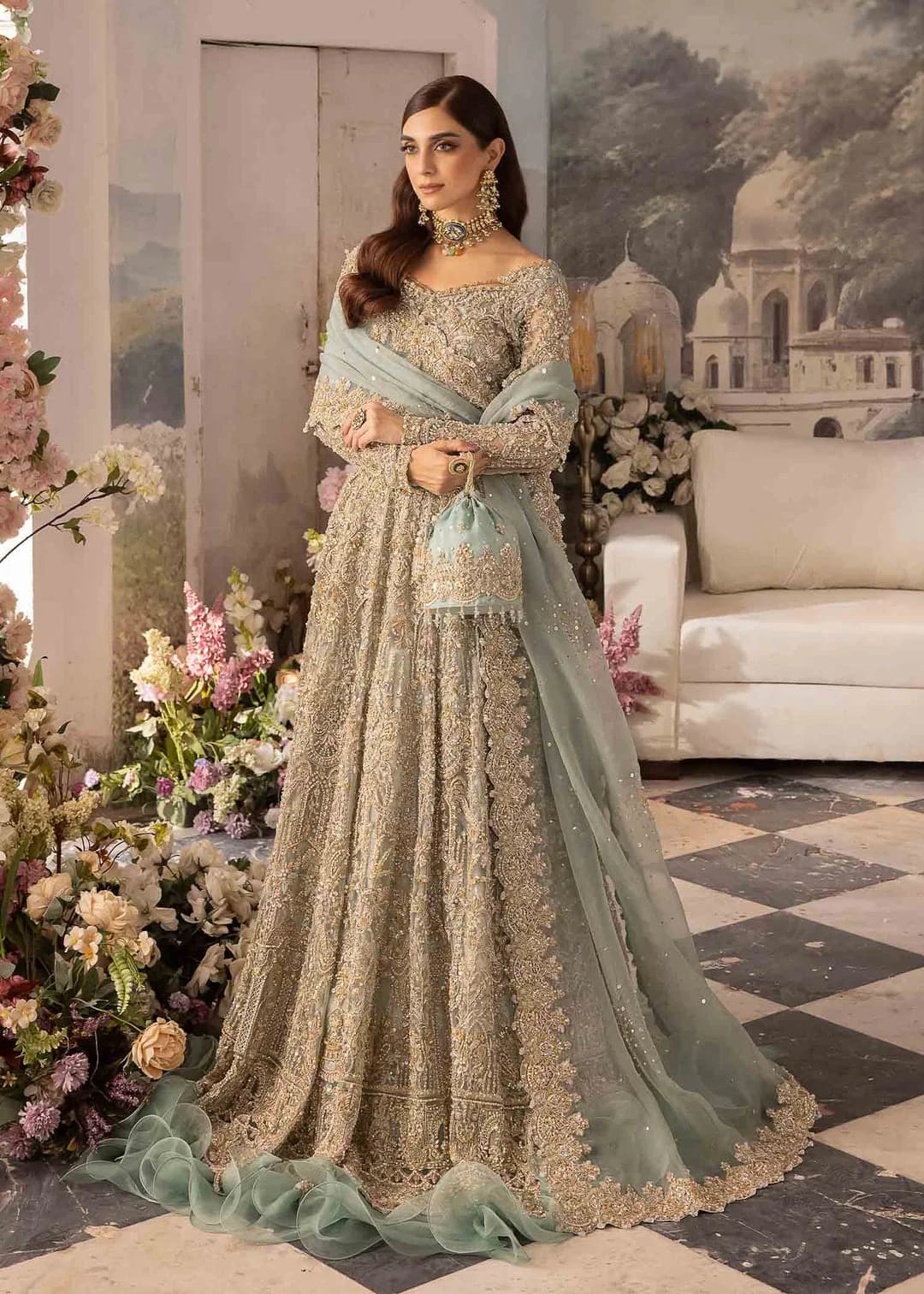 Kanwal Malik Hand Embellished Organza Party Wear Suit – Model Front View Kanwal Malik Hand Embellished Organza Party Wear Suit - Model Front Look | Pakistani Designer Replica Wholesale | IQNAZ