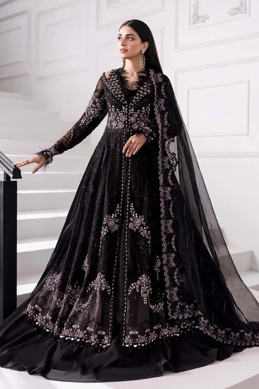 Maria B BD-3004 Hand Embellished Organza Party Wear Suit – Model Front View Maria B BD-3004 Hand Embellished Organza Party Wear Suit - Model Front Look | Pakistani Designer Replica Wholesale | IQNAZ