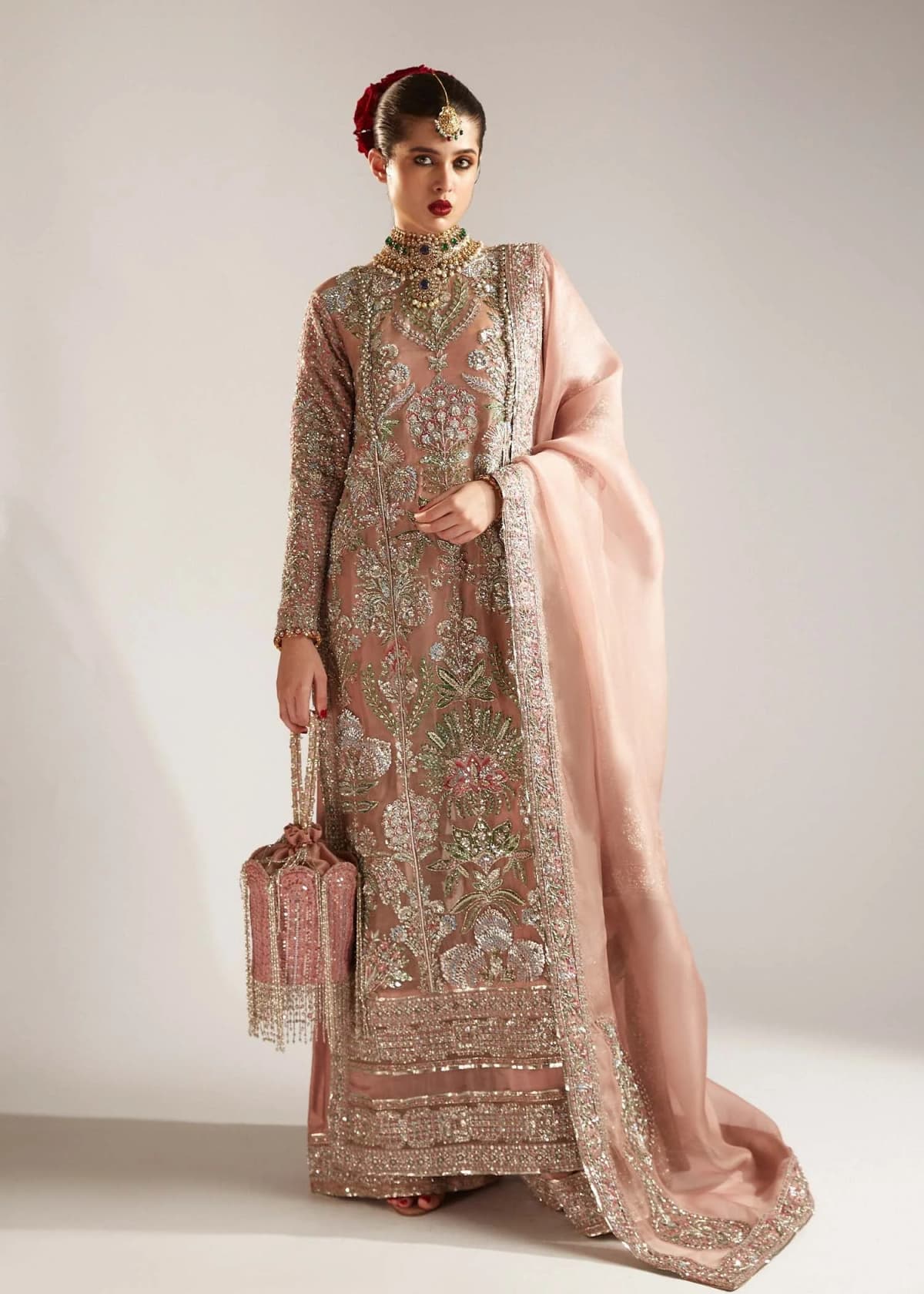 Hussain Rehar Verve Embroidered Organza Party Wear Suit – Model Front View Hussain Rehar Verve Embroidered Organza Party Wear Suit - Model Front Look | Pakistani Designer Replica Wholesale | IQNAZ