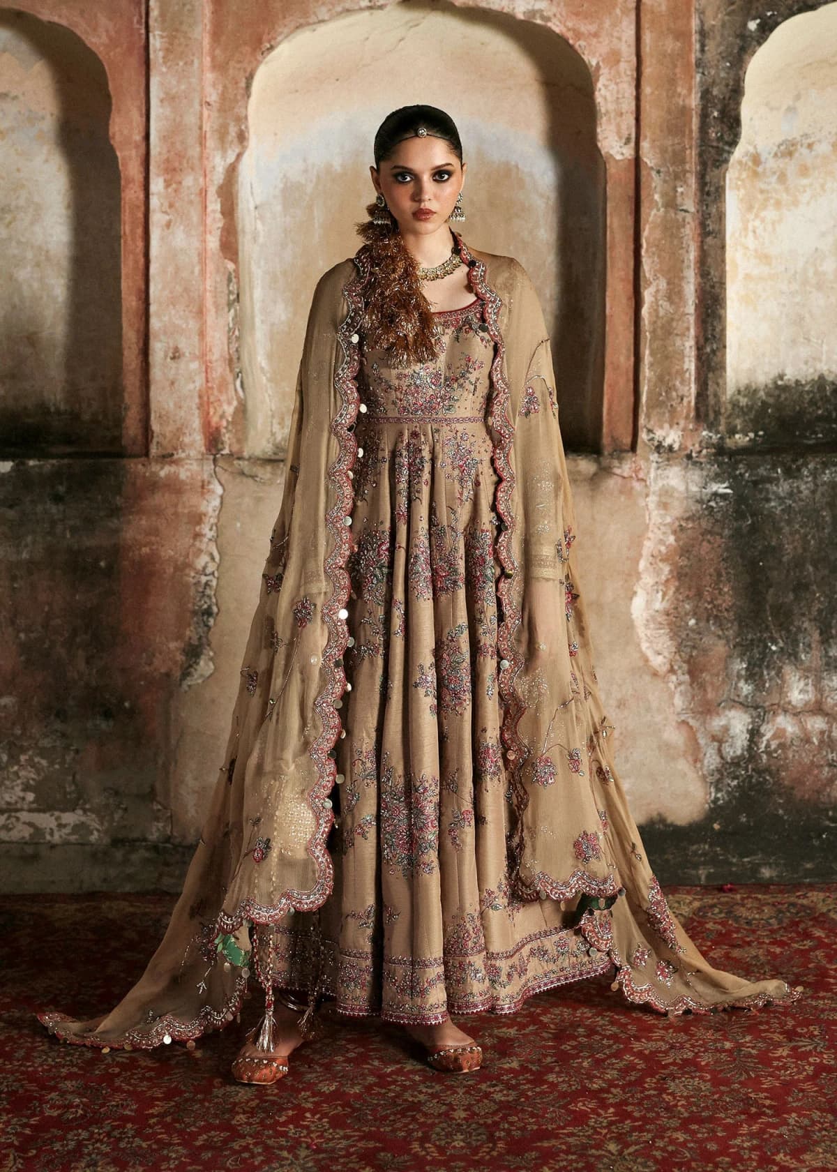 Hussain Rehar Hand Embellished Chiffon Party Wear Suit – Model Front View Hussain Rehar Hand Embellished Chiffon Party Wear Suit - Model Front Look | Pakistani Designer Replica Wholesale | IQNAZ
