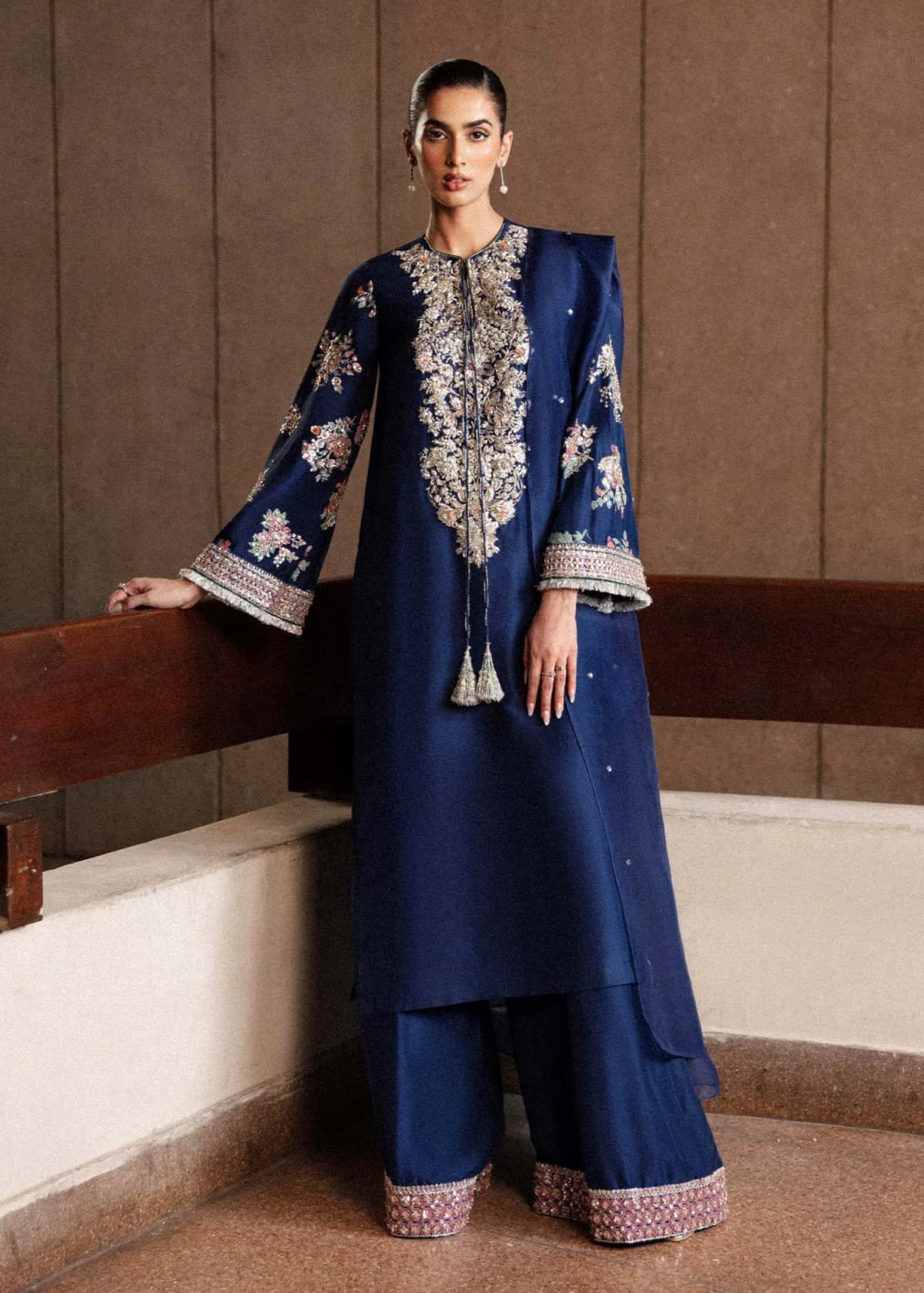 Hussain Rehar Saxe Embroidered Organza Party Wear Suit – Model Front View Hussain Rehar Saxe Embroidered Organza Party Wear Suit - Model Front Look | Pakistani Designer Replica Wholesale | IQNAZ